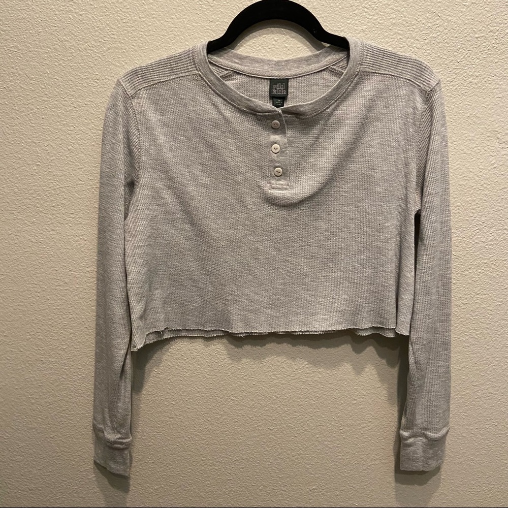 Grey Cutoff Crop Long Sleeve Waffle Top